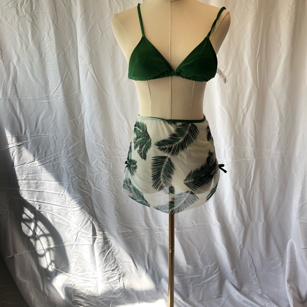 Green Bikini Top with Leaf Print Skirt